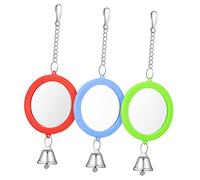 BAZEITFLOW 3 Piezas Espejos Redondos Doble Cara para Jaula de Pájaros con Campanas de Colores Rojo Verde y Azul Accesorios para Periquitos Cacatúas y Cockatiels