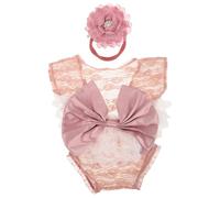 BAZEITFLOW Conjunto para Sesión de Fotos de Recién Nacida Rosa Body de Encaje Suave con Lazo y Diadema a Juego Ropa para Fotos de Bebés Niñas Outfit Adorable para Fotografía de Recién
