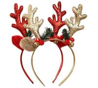 BAZEITFLOW Diadema De Asta De Reno Navideña 2 Unidades Tamaño Adulto y Niño, Suave y Ligera, Tocado Festivo Para Juego De Rol y Fiestas Broche En Rojo y Dorado