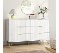 BAZELOR Cómoda blanca de 6 cajones con mango dorado, cómoda de madera estriada, cómoda moderna para dormitorio, sala de estar, pasillo, entrada