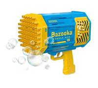 Bazooka - Pistola de burbujas LED, 69 salidas, color azul y amarillo, batería recargable, efectos luminosos múltiples, para niños, juegos al aire libre