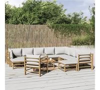 BAZZI Salón de bambú para jardín de invierno, 12 piezas, para exteriores, bambú, salón, balcón, sofá modular con cojín, gris claro, juego de salón de madera (3 corner+5 x medias+2 reposapiés+silla+