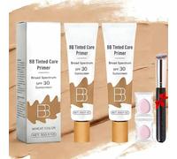 Bb Tinted Care Primer With Brush,BB Cream Tinted Moisturizer,Lightweight Hydrating Primer,Evens Skin Tone & Smooths Appearance, Full Coverage,For All Skin Types (Wheat,2Pcs, T66)