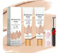 Bb Tinted Care Primer With Brush,BB Cream Tinted Moisturizer,Lightweight Hydrating Primer,Evens Skin Tone & Smooths Appearance, Full Coverage,For All Skin Types (Natural,2Pcs, U44)