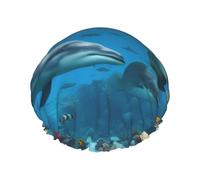 BBEXJIGY Dolphins - Gorro de ducha reutilizable de doble capa con estampado de tortugas marinas, tiburón, pulpo, arrecife de coral, para mujeres y hombres