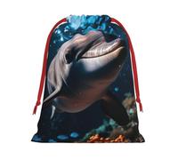 BBEXJIGY Dolphins Sea Turtle Shark Octopus Coral Reef Print Christmas Drawstring Gifts Bag Polyester Storage Bag Party Favor Bag Party Favor Bag