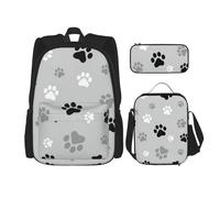 BBEXJIGY Mochila Oxford impermeable 3 en 1 con estampado de huellas de animales, bolsa de almuerzo, bolsa para lápices y uso diario, Negro -, Talla única