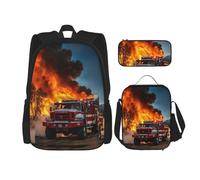 BBEXJIGY Mochila Oxford impermeable 3 en 1 con estampado de llamas de bombero, bolsa de almuerzo, bolsa para lápices y uso diario, Negro -, Talla única