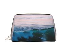 BBEXJIGY Neceser de viaje de piel con estampado de olas del mar y atardecer con puesta de sol y amanecer para mujer, neceser de maquillaje