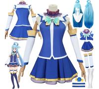 bbganlian Anime KonoSuba God's Blessing On This Wonderful World Disfraz de cosplay Aqua Uniforme Conjunto Completo Halloween Carnaval Fiesta Traje de Vestir con Peluca para Mujeres (XS)
