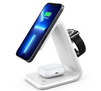 BBIAM Estación de carga inalámbrica magnética 3 en 1 con adaptador de 30 W para cargador Apple MagSafe, compatible con iPhone 16, 15, 14, 13, 12, Apple Watch y AirPods, color blanco