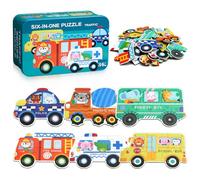 BBLIKE Puzzle 3 Años Juguetes Educativos Montessori, Puzzle Infantil 6 en 1 con Caja de Almacenamiento, Regalo para Niños 1-5 Años Conocer Animales y Automóviles, Juegos Didácticos Preescolar (Bus)