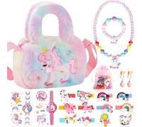 BBLTIFF Bolso Unicornio Niña, Bolsos para Niñas, Peluche Bolso para Niña, Joya de Princesa Unicornio con Anillo de Unicornio, Collar, Pulsera, Clips para Las Orejas, Pegatinas (19 Piezas & Color Rosa)