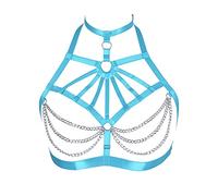 BBOHSS Sujetador de arnés para el Cuerpo para Mujer, Sujetador de Cadena de Metal Hueco de Talla Grande, Disfraz de Moda de Carnaval de Halloween gótico Punk (Cielo Azul)