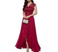 Bbonlinedress Mujer Vestido A-línea de cóctel Top Falda de Encaje Columpio de Gasa para Boda de Bola de Fiesta Cuello en V Manga Corta Gasa Corte para Mujer Dark Red XS