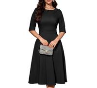 Bbonlinedress Vestido de cóctel vintage para mujer, formal, otoño, boda, iglesia, manga larga, cuello Peter Pan, vestido midi