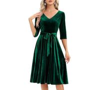 Bbonlinedress Vestido Invitada Boda Vestido Mujer Invierno Vestido Nochevieja Navidad de Fiesta Cóctel Vintage para Graduación Dama de Honor Midi Mangas 3/4 Cuello V con Cinturón Dark Green M