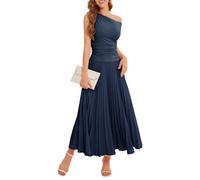 Bbonlinedress - Vestido largo para mujer, elegante, para fiesta de noche, ceremonia, cóctel, boda, invitado, vestido plisado A-Line con un hombro oblicuo sin mangas, azul marino, L