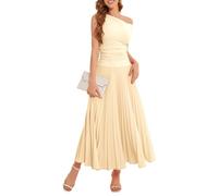 Bbonlinedress - Vestido largo para mujer, elegante, para fiesta de noche, ceremonia, cóctel, boda, invitado, vestido plisado A-Line con un hombro oblicuo sin mangas, champán, S