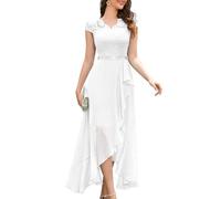 Bbonlinedress Vestidos de Ceremonia Vestido de Graduación Cóctel Elegant para Mujer Vestido de Fiesta A-línea Top Falda de Encaje Columpio de Gasa para Boda de Bola Manga Corto Cuello en V White XL