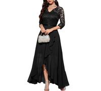 Bbonlinedress Vestidos de Ceremonia Vestido de Noche Cóctel Elegant para Mujer Vestido de Fiesta A-línea Top Falda de Encaje Columpio de Gasa para Boda de Bola Manga 3/4 Cuello en V Black XL