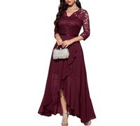 Bbonlinedress Vestidos de Ceremonia Vestido de Noche Cóctel Elegant para Mujer Vestido de Fiesta A-línea Top Falda de Encaje Columpio de Gasa para Boda de Bola Manga 3/4 Cuello en V Burgundy XS