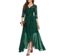 Bbonlinedress Vestidos de Cóctel Elegant para Mujer Vestido de Noche Vestido de Fiesta A-línea Top Falda de Encaje Columpio de Gasa para Boda de Bola Cuello en V Manga 3/4 Dark Green XL