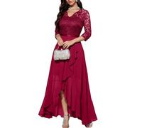 Bbonlinedress Vestidos de Cóctel Elegant para Mujer Vestido de Noche Vestido de Fiesta A-línea Top Falda de Encaje Columpio de Gasa para Boda de Bola Cuello en V Manga 3/4 Dark Red XL