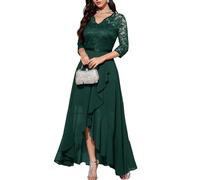 Bbonlinedress Vestidos de Cóctel Elegant para Mujer Vestido de Noche Vestido de Fiesta A-línea Top Falda de Encaje Columpio de Gasa para Boda de Bola Cuello en V Manga 3/4 Dark Green XS