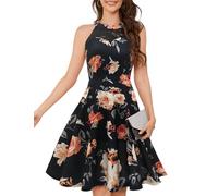 Bbonlinedress Vestidos Mujer de Cóctel Vintage Elegantes años 50 para Bodas Fiesta Bailar Cuello Halter Black Yellow Rose 3XL