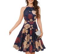 Bbonlinedress Vestidos Mujer de Cóctel Vintage Elegantes años 50 para Bodas Fiesta Bailar Cuello Halter Navy Yellow Flower XL