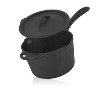 BBQ-Toro Cacerola de Hierro Fundido con Tapa, Mango, Asa y 2 Picos Vertedores | 2 Litros | Color Negro | Curada - Pre-Seasoned | Cacerola Pequeña de Hierro Fundido, Olla Redonda con Tapa