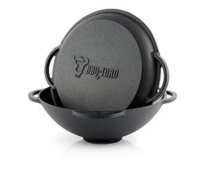 BBQ-Toro Kazan con Asas y Tapa de Hierro Fundido 12,1 Litros | Kazan con Fondo Plano, Curado - pre-Seasoned | Wok para Grill, Todo tipo de Cocinas | Cocina al Aire Libre, Camping, Chimenea, Barbacoa