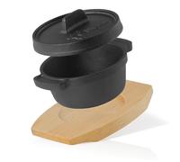BBQ-Toro Mini Dutch Oven con Base de Madera | Ø 11 cm | Horno Holandés | Olla de Hierro Fundido para Servir | Quemado - pre-Seasoned | Olla con Tapa | Cazuela para Estofar