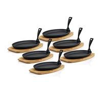BBQ-TORO Sartén de Hierro Fundido con Base de Madera | 6 Piezas | 27 x 18 x 3 cm | Sartén Ovalada con Mango Extraíble | Sartén de Barbacoa de Hierro Fundido con Soporte de Madera para Servir