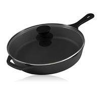 BBQ-TORO Sartén de Hierro Fundido con Tapa de Cristal | Sartén de Parrilla, Sartén con Tapa, Sartén para Carne