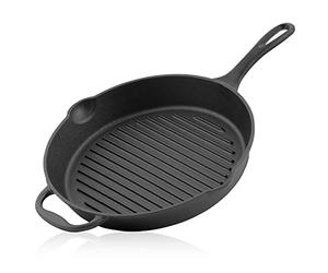 BBQ-Toro Sartén Redonda de Hierro Fundido | Ø 34 cm | Sartén Acanalada con Mango, Asa y Dos Picos | Curado - pre-Seasoned | Sartén de Hierro Fundido para Parrilla, Barbacoa, Horno