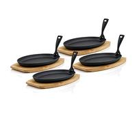 BBQ-Toro Sartenes de hierro fundido con base de madera (4 unidades) | 27 x 18 x 3 cm - ovaladas | ya quemadas - preseasoned | sartenes con mango extraíble | sartén de hierro fundido, sartén paella