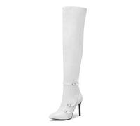 bbruriy Moda para Mujer Cinturón con Hebilla sobre Las Botas hasta la Rodilla Charol Punta Puntiaguda Tacón de Aguja Tacones Altos Botas Altas hasta el Muslo Cremallera Lateral Zapatos de,Blanco,40
