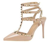 bbruriy Sandalias de tacón para Mujer Remache Correa en el Tobillo Tacones Altos Stiletto Tachuelas T-Strap Puntiagudo Cerrado Slingback Vestido de Fiesta Nupcial Zapatos de tacón cómodos,Marrón,38