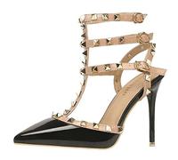 bbruriy Sandalias de tacón para Mujer Remache Correa en el Tobillo Tacones Altos Stiletto Tachuelas T-Strap Puntiagudo Cerrado Slingback Vestido de Fiesta Nupcial Zapatos de tacón cómodos,Negro,39