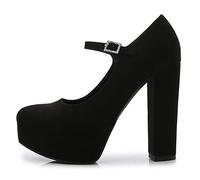 bbruriy Tacones de Plataforma de Gamuza de Color sólido para Mujer, Punta Redonda Cerrada, Correa de Tobillo, Bomba de tacón de Bloque Grueso, Zapatos clásicos cómodos de 4,7 pulgadas/12 cm,Negro,37