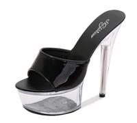 bbruriy Tacones transparentes para mujer, con plataforma y puntera abierta, tacones altos, sandalias de tacón de cristal, zapatos de vestir, zapatos de tacón sin cordones, color negro, talla 43