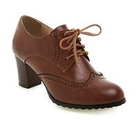 bbruriy Zapatos de Cuero pequeños Vintage para Mujer, Zapatos Lolita clásicos con Cordones, tacón Medio Grueso, Zapatos Oxford con Punta Redonda, Zapatos de tacón para Fiesta,Marrón,38