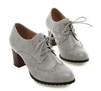 bbruriy Zapatos de Cuero pequeños Vintage para Mujer, Zapatos Lolita clásicos con Cordones, tacón Medio Grueso, Zapatos Oxford con Punta Redonda, Zapatos de tacón para Fiesta,Gris,39