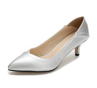 bbruriy Zapatos de vestir con tacón de gatito para mujer, elegantes, antideslizantes, cerrados, con punta puntiaguda, tacón bajo, 1.96 pulgadas, boda, novia, oficina, dama de cuero suave, plateado, 40