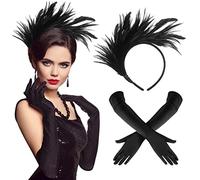 BBTO 2 Piezas Set de Accesorios de Diadema de Flapper de Años 20 Diadema de Tocado de Plumas Guantes Largos de Noche Ópera Banda de Pelo de Novia para Halloween (Negro, Estilo Vintage)