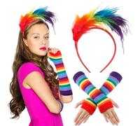 BBTO 2 Piezas Set de Diadema de Arcoíris de Plumas y Guantes sin Dedos de Arcoíris Accesorios de Orgullo Gay LGBTQ Diadema Tocado de Pelo para Fiesta Boda 1920 (Arcoíris, Estilo Brillante)