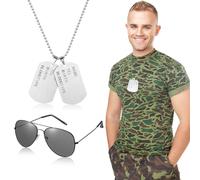 BBTO 2 Piezas Set Placa de Indentificación Disfraz de Piloto Militar de Hombre Gafas de Sol de Mujer Adulto y Collar de Metal Plateado de Placa de Indentificación Disfraz de Capitán (Clásico)