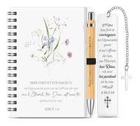 BBTO 3 Piezas Regalo Bíblico Cuaderno Religioso con Flores Marcador Cristiano en Francés Bolígrafo Bíblico Regalos de Comunión Bautismo Confirmación para Familiares, Amigos y Creyentes